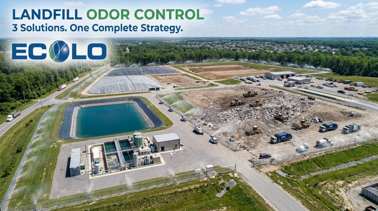Integrated landfill odor control using Ecolo misting systems, direct waste treatment, and leachate management.