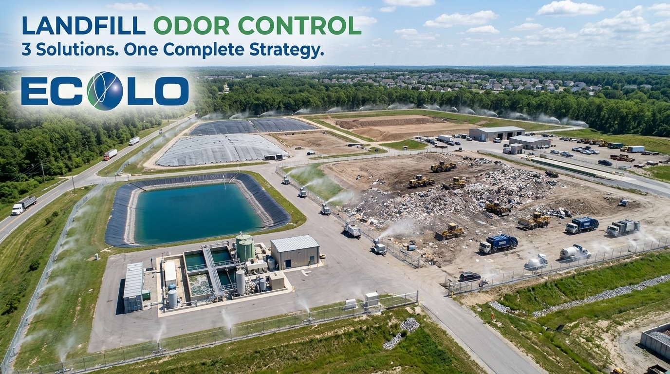 Integrated landfill odor control using Ecolo misting systems, direct waste treatment, and leachate management.